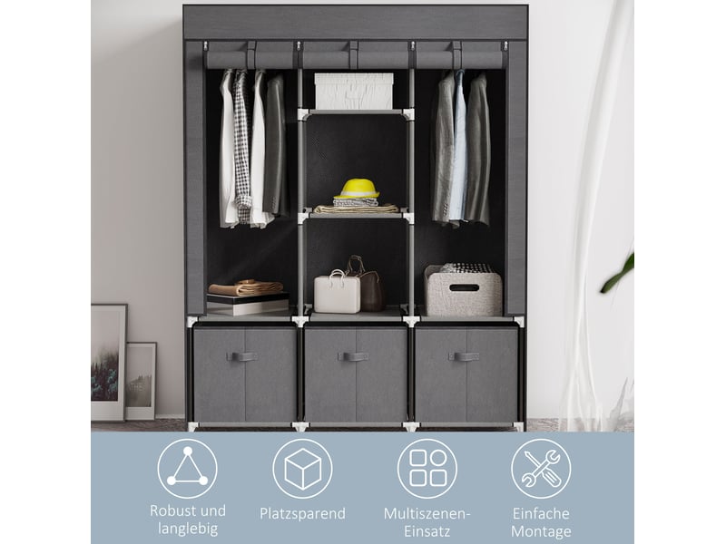 Armoire pliable avec 2 barres, 5 étagères et 3 tiroirs pour chambre, en acier et tissu, gris foncé 125 × 43 × 162,5 cm - Conforama D