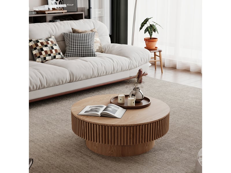  Table basse ronde 75x75x35 cm en mdf avec rangement, bois naturel  - Conforama E