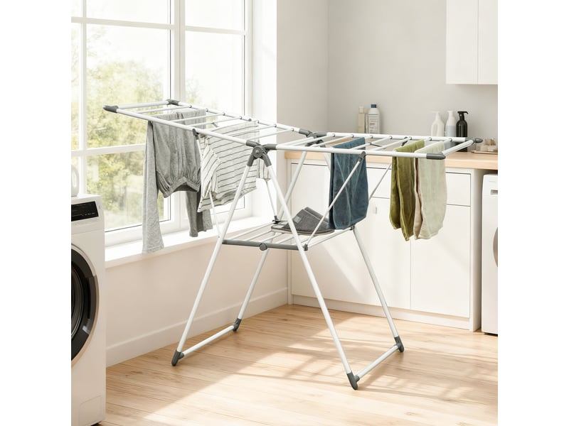  Séchoir à linge à 2 niveaux, réglable sur 4 hauteurs, en métal et plastique, 156,5 x 61,5 x 97 cm, blanc  - Conforama C
