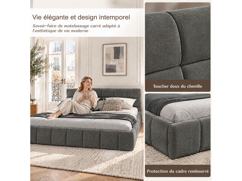  Bubble bed 140x200 cm, lit double rembourré 140x200 cm - cadre de lit - lit en chenille - sommier à lattes - capacité de charge 300 kg - chenille - gris  - Conforama E