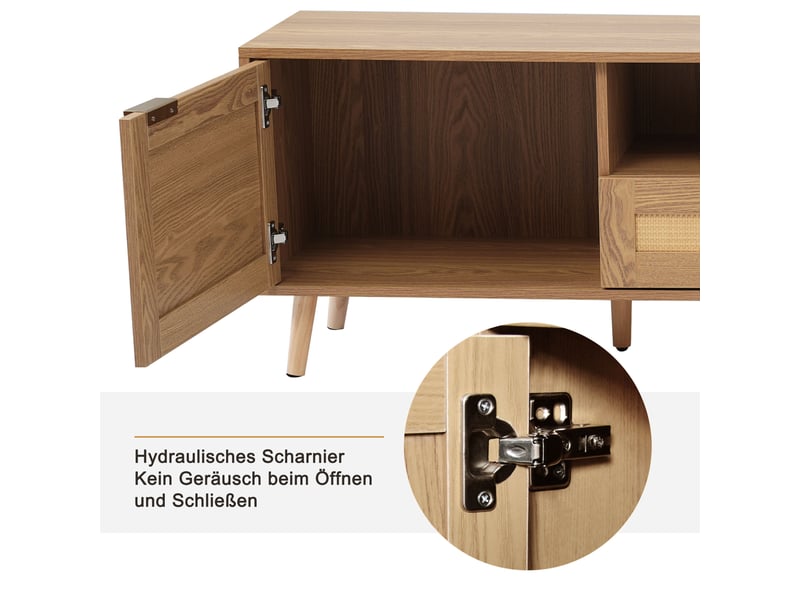  Meuble tv 200x37x49 cm en rotin synthétique, pieds bois massif, panneau tv, design naturel  - Conforama D
