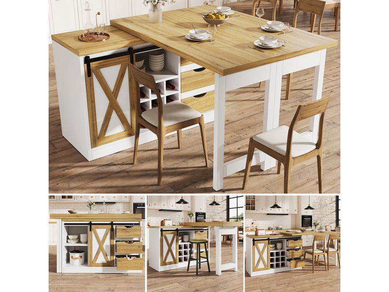 Îlot de cuisine multifonction avec table extensible, portes style grange, tiroirs et porte-bouteilles amovible, 120-197 cm - Conforama D