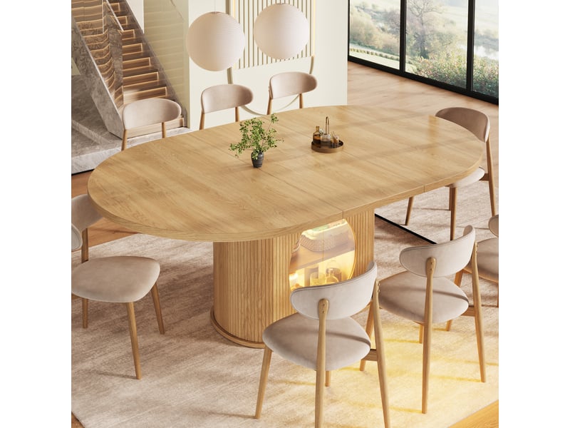  Table à manger extensible ovale 118–158 x 118 x 76,8 cm, 4 à 6 personnes, rangement intégré, led avec appli, portes push-to-open, finition naturelle  - Conforama B