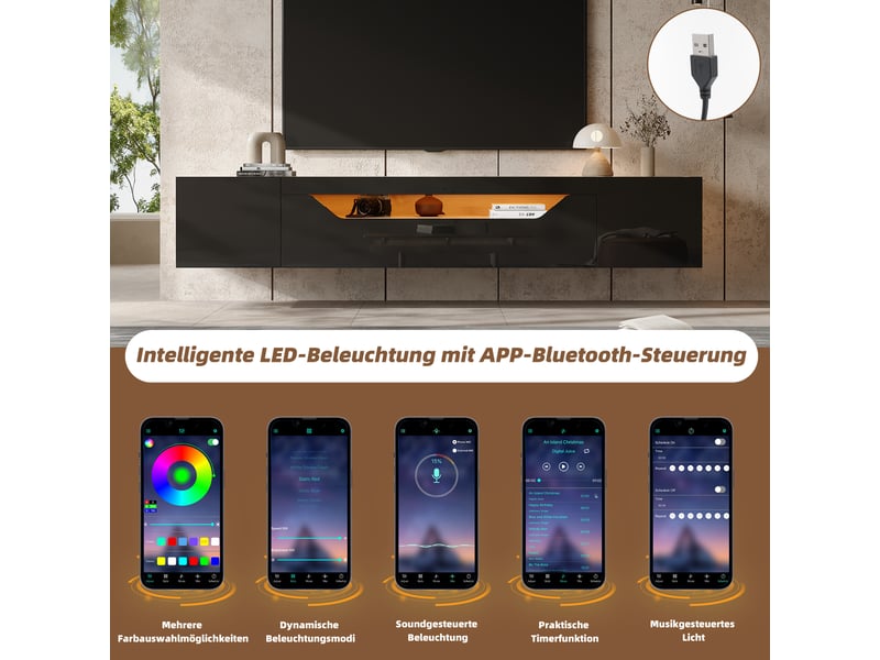  Meuble tv suspendu 180 cm avec led, façade brillante noire et bois naturel, 3 rangements, pour téléviseur jusqu’à 75 pouces  - Conforama R