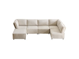 Canapé modulable 6 places en tissu en lin beige - 308 x 152 x 77 cm