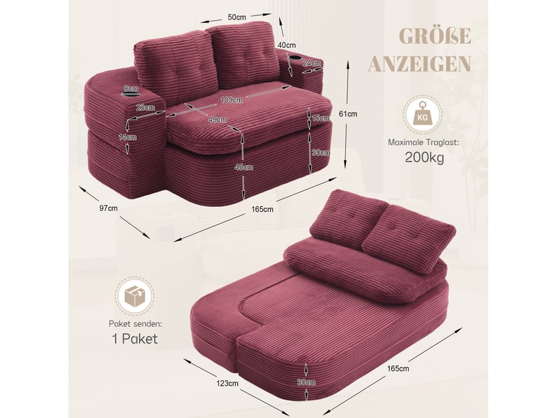 Canapé 2 places modenvie 2 en 1 avec fonction chaise longue, accoudoirs amovibles, porte-gobelets et velours côtelé rouge vin - Conforama C