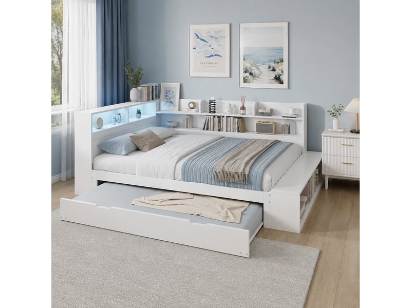 Lit banquette simple 120×200 et 90×190 cm, rangement, led et prise de charge - okmyhome- bois blanc, sans matelas - Conforama B