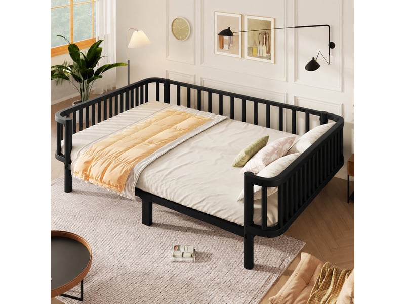  Lit banquette en métal 140 x 200 cm, sommier à lattes en acier renforcé, noir  - Conforama B