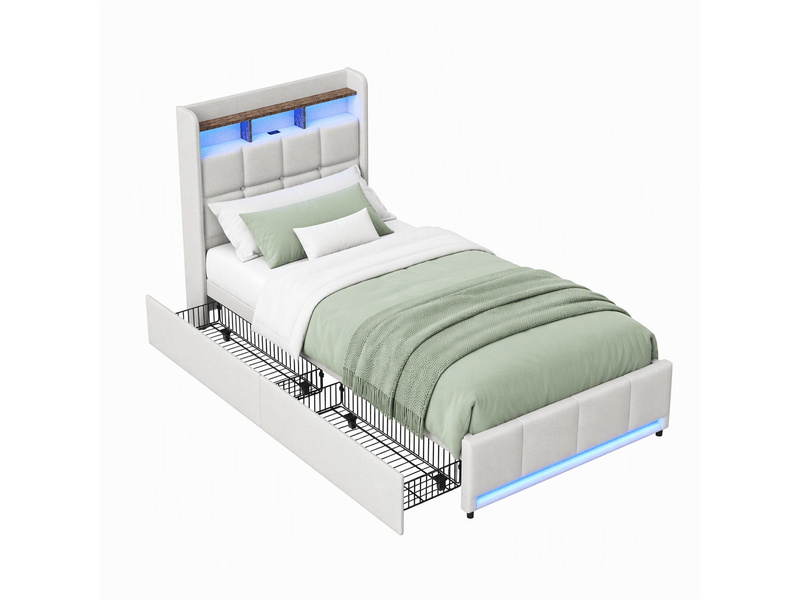  Lit 1 personne 90x200 cm avec éclairage led et 2 tiroirs, lit rembourré avec port usb et type-c, cadre de lit avec rangement et sommier à lattes, lin, beige  - Conforama A