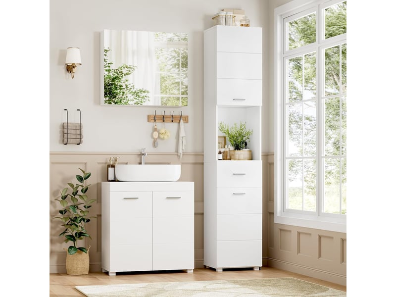  Meubles colonnes de salle de bain armoire de rangement haute placard sur pied avec portes tiroir blanc 37x30x180cm  - Conforama B
