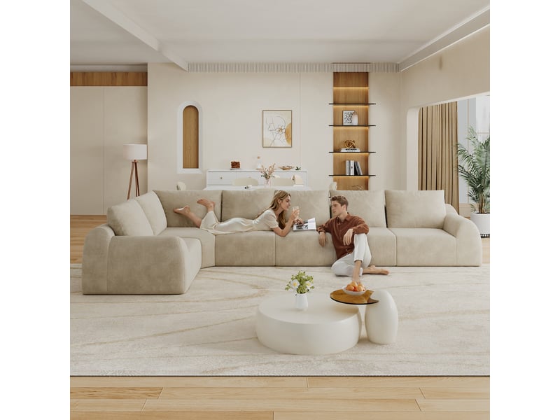 Canapé sans structure en mousse compressée 401 × 200 × 85 cm, kaki, tissu chenille, en l, sans montage, mousse haute élasticité - Conforama E