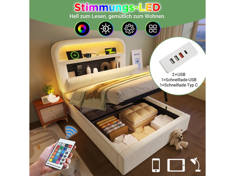  Lit coffre, lit enfant 90x200 cm, rangement hydraulique, tête de lit avec rangement, led, usbusb-c, matelas inclus, velours beige  - Conforama D