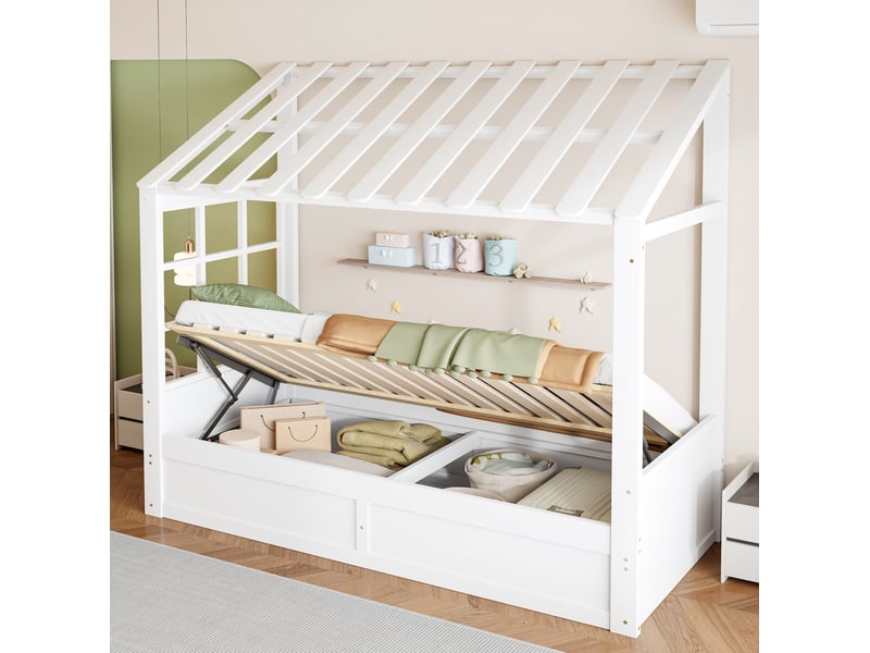  Lit coffre enfant, 90x200 cm, design cabane, fenêtres, toit, sommier à lattes, matelas non inclus, bois, coloris blanc  - Conforama E