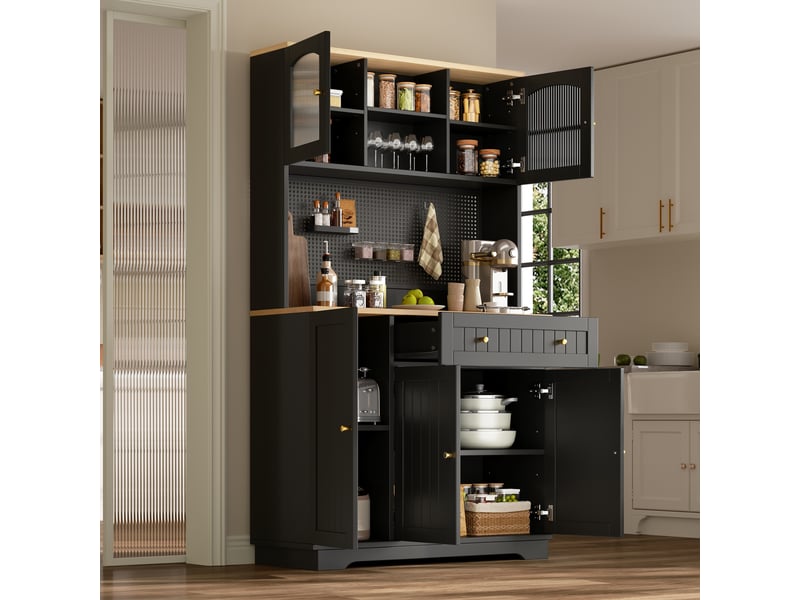  Buffet de cuisine haut avec portes vitrées, tiroir, étagères réglables et panneau perforé noir 103,5×40×180 cm  - Conforama C