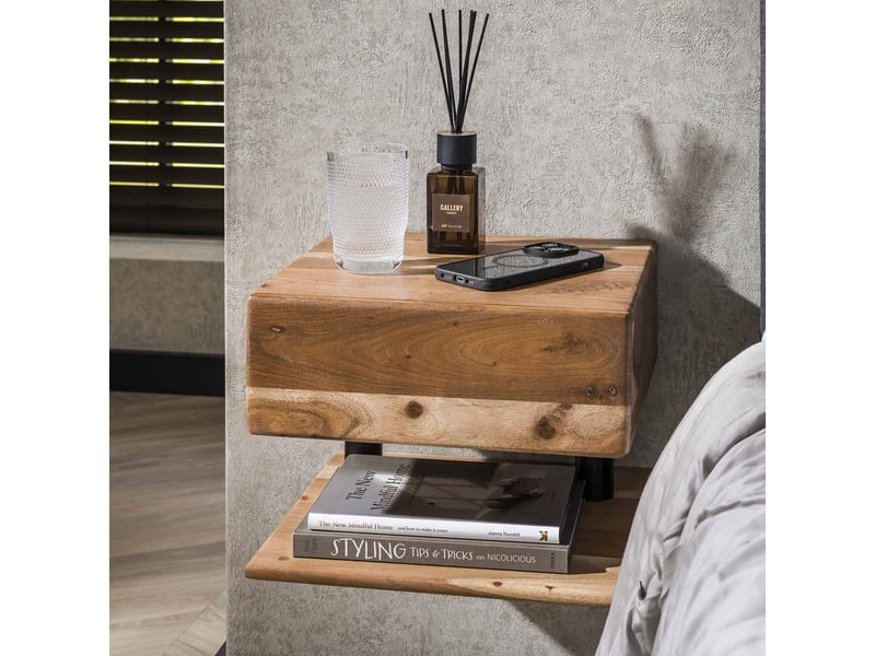  Chevet suspendu 1 tiroir 35x35x27 cm en acacia naturel  - Conforama A