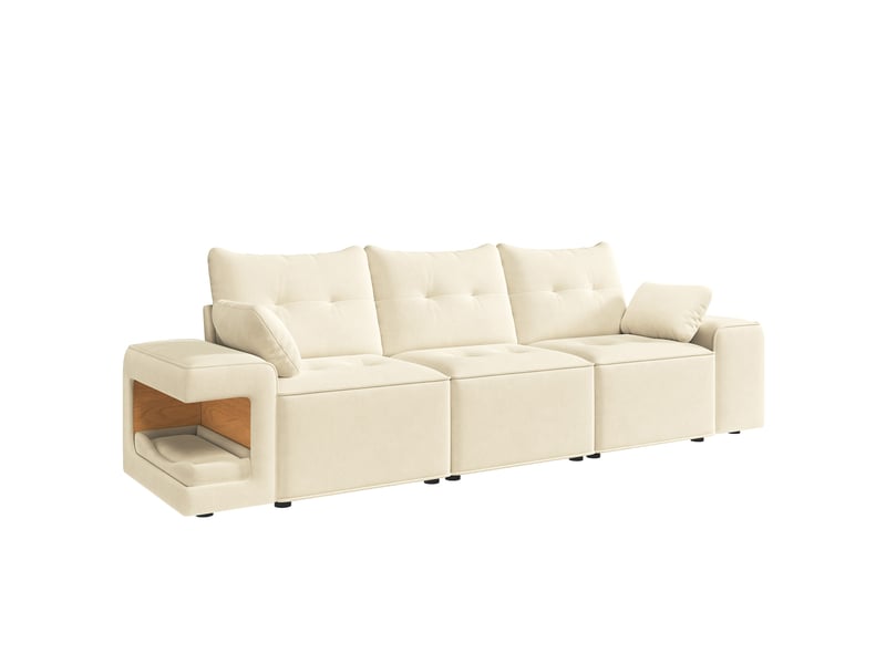  Canapé droit 3 places modulaire, velours beige avec accoudoirs larges, fonction rangement intégré &amp; niche animaux pour salon et appartement  - Conforama A