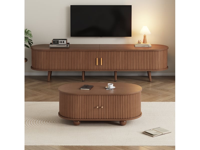  Ensemble meuble tv 170x40x42 cm et  table basse 100x50x40 cm, 2 tiroirs, portes coulissantes, mdf, noyer foncé  - Conforama D