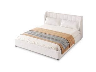 Lit double 180 × 200 cm plateforme avec sommier à lattes, tête de lit capitonnée et 2 coussins beige pour chambre