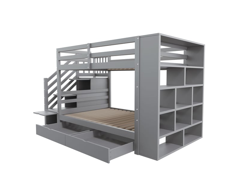Lit superposé 90x200 cm en pin gris, escalier avec rangements, tiroirs et barrières hautes - Conforama E
