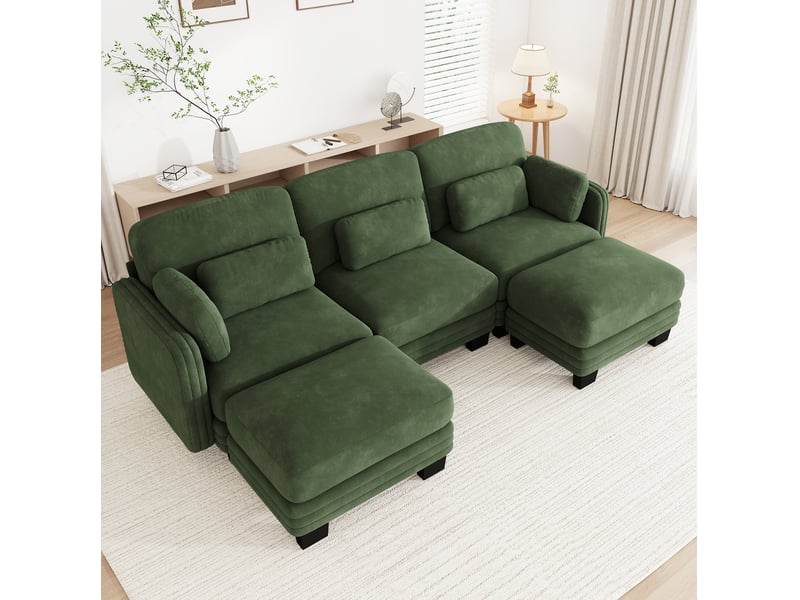  Canapé d'angle modulable panoramique en u 3 places 253x143x88 cm en chenille vert  - Conforama R