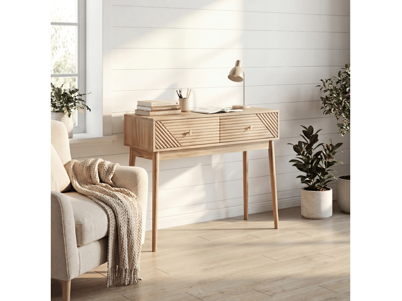  Console 100x35x80 cm style mid-century chêne clair avec 2 tiroirs  - Conforama B