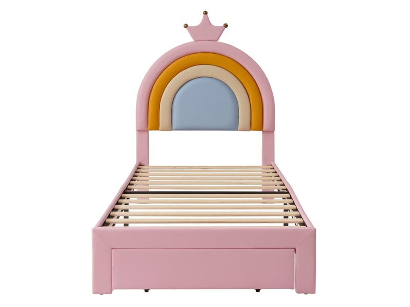  Lit enfant rembourré 90x200 cm avec tiroir et tête de lit réglable, rose, sans matelas  - Conforama D