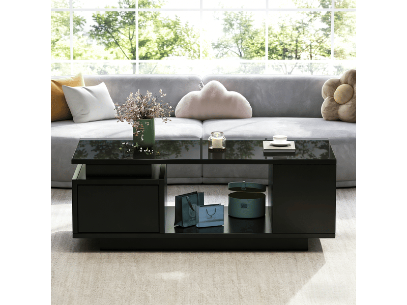  Table basse noire avec led 100x50 cm - table de salon avec tiroir et rangements finition brillante  - Conforama C