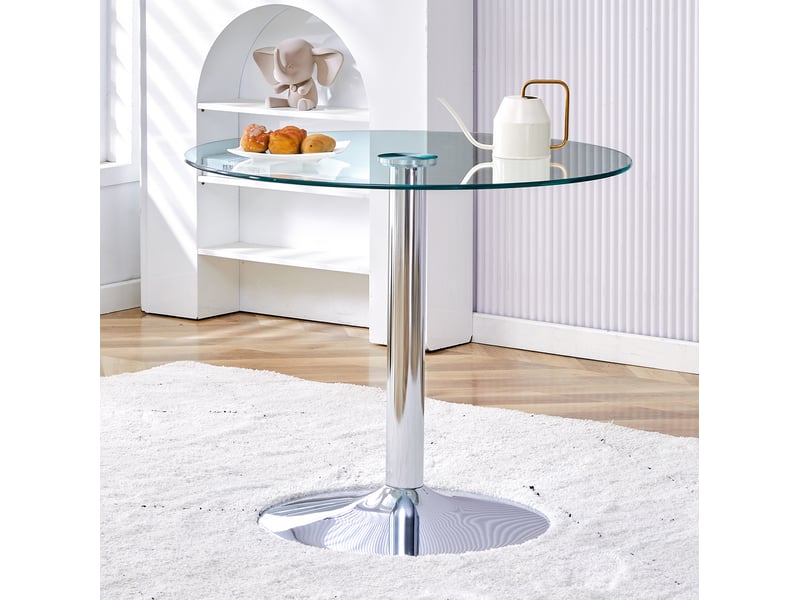  Table de bar ronde en verre transparent ø 85 cm, pied en métal argenté, h 76 cm  - Conforama E