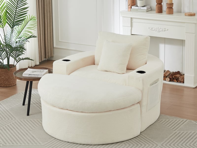  Canapé droit, fauteuil sans armature avec pouf, compartiment de rangement et porte-gobelets, 63 x 136 x 156 cm, beige  - Conforama B