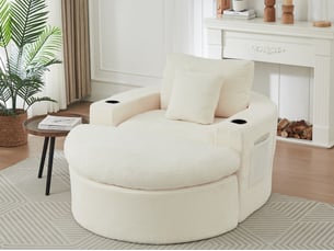 Canapé droit, fauteuil sans armature avec pouf, compartiment de rangement et porte-gobelets, 63 x 136 x 156 cm, beige