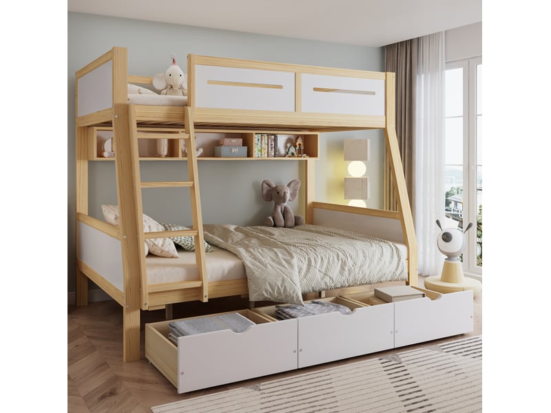 Lit superposé pour enfants 90x200120x200 cm, 3 tiroirs, échelle, blanc et bois - Conforama D