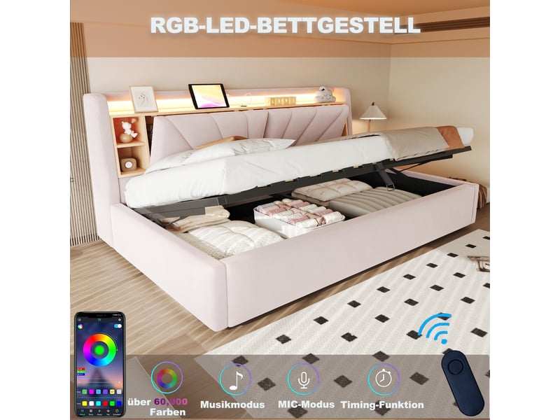 Lit simple 90x200 cm avec rangement hydraulique, tête de lit led avec usb et étagères, lit rembourré en velours avec coffre de rangement - rose - Conforama E