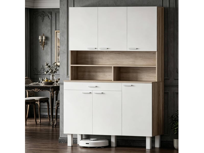  Buffet de cuisine modenvie 120 x 40 x 175 cm blanc et naturel, 6 portes, tiroir, niches ouvertes, pieds métalliques  - Conforama E