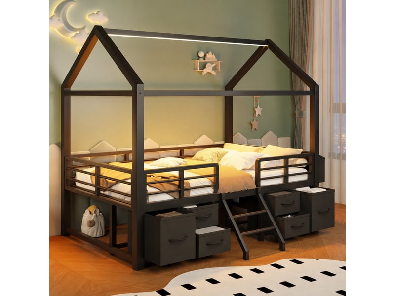  Lit mezzanine enfant 90 x 200 cm avec toit cabane, structure en métal noir et éclairage led, sans matelas  - Conforama B