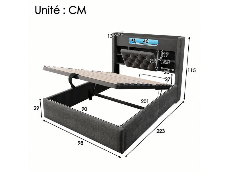 Lit coffre 90x200 gris en lin, led, usb et usb-c, tête de lit avec rangements - Conforama C