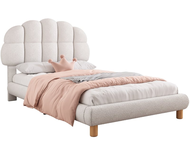  Lit enfant 90 x 200 cm, lit simple rembourré, tête de lit semi-circulaire en polaire, blanc, lit pour enfant et adolescent dans chambre d'enfant  - Conforama A