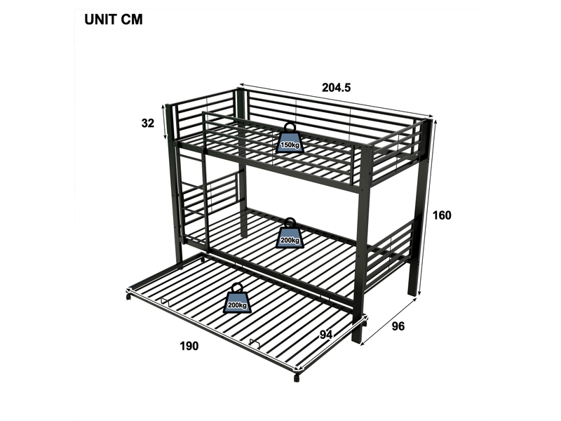  Lits superposés 90 × 200 cm métal noir avec lit gigogne et garde-corps IKSETERA TRADING LTD - Conforama C