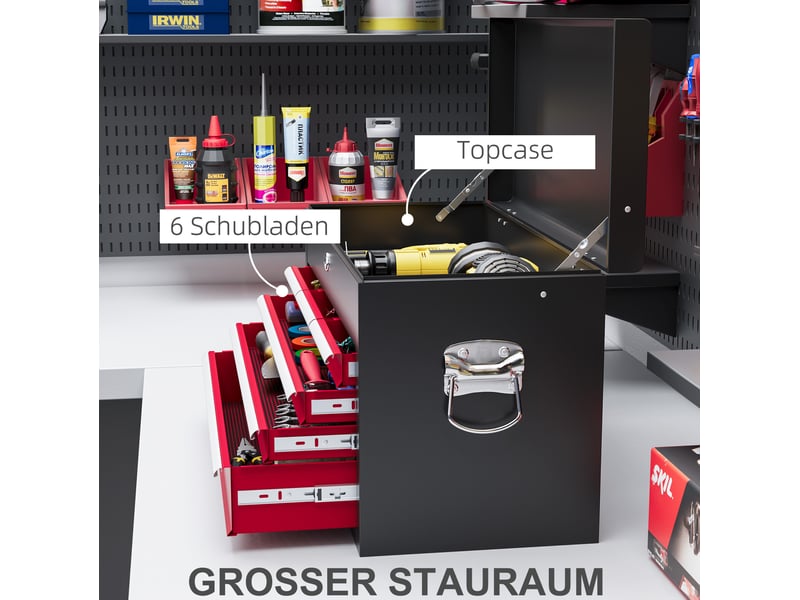 Boîte à outils 60 x 26 x 34 cm rouge et noire en acier, 6 tiroirs verrouillables avec rangement supérieur - Conforama E