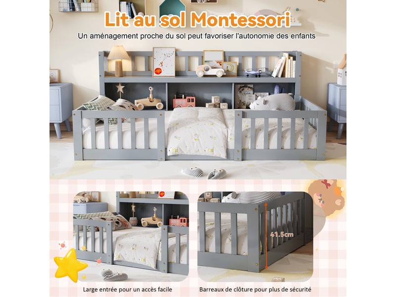  Lit enfant 90x200 avec sommier et bibliotheque,  lit au sol avec rangement étagère et barrière de sécurité, lit montessori,  1 place  - Conforama R