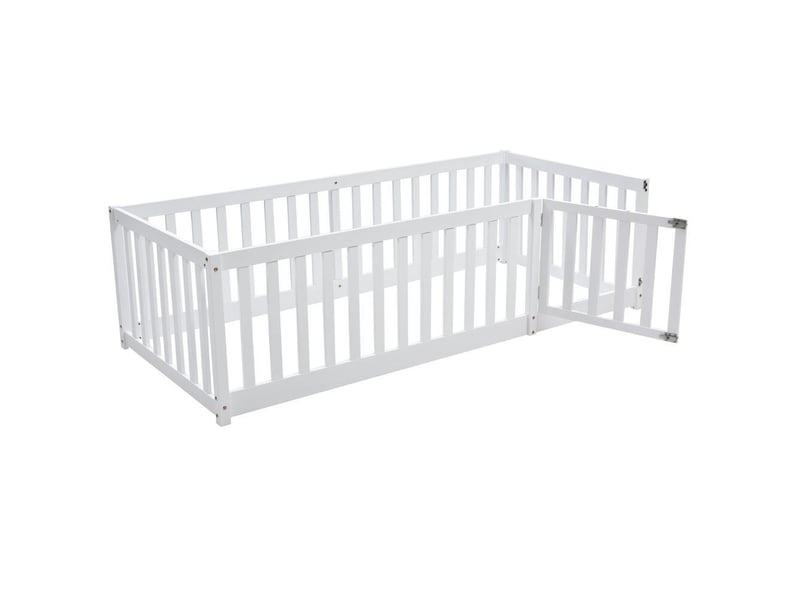  Lit enfant 90x200cm, lit au sol avec clôture et porte, cadre en bois, hauteur sécurité 60cm, blanc  - Conforama R