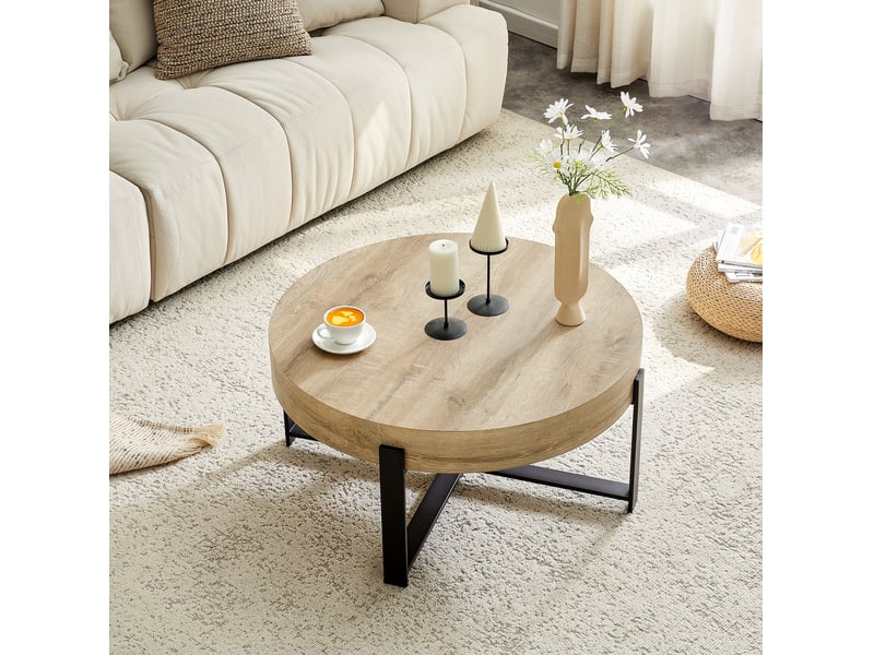 Table basse ulevr ronde 68 cm style industriel rétro, plateau mdf décor bois, piètement croisé en métal noir - Conforama B