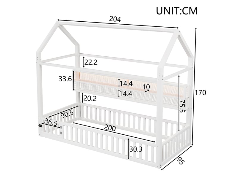  Lit cabane 90x200 cm avec barrière et éclairage à del, métal blanc, sans matelas  - Conforama C