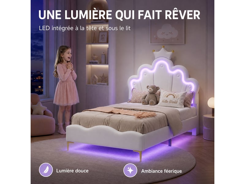  Lit simple fille 90x190 avec sommier, lit princesse avec tête de lit en forme de couronne, lit enfant rembourré avec lumière led, tête de lit réglable, pu, blanc  - Conforama R