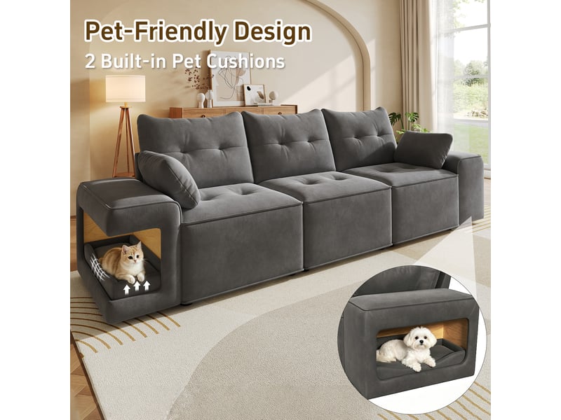 Canapé 3 places en velours gris, niches intégrées, rangements, 2 coussins, 229,5×78×84 cm - Conforama D