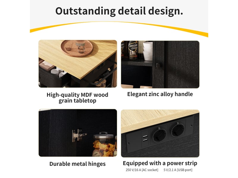  Îlot de cuisine noir et naturel 151,5 × 59,784,7 × 91,7 cm en mdf et métal, prise intégrée, 2 tiroirs et rangements  - Conforama C