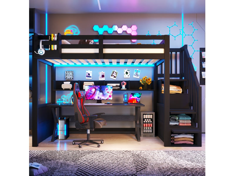  Lit mezzanine 90x200, noir, bois et mdf, doté de led, escalier avec armoire et rangements, sans matelas  - Conforama B