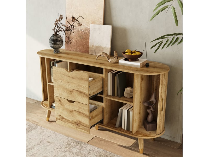  Buffet et enfilade avec 2 portes coulissantes, 2 tiroirs et niches ouvertes, en mdf naturel, 140 × 40 × 79,5 cm  - Conforama C