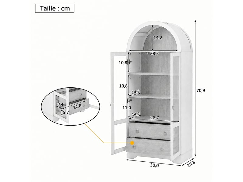 Meuble de cuisine muvano, buffet haut blanc vitré à sommet arrondi, hauteur 180 cm - Conforama W