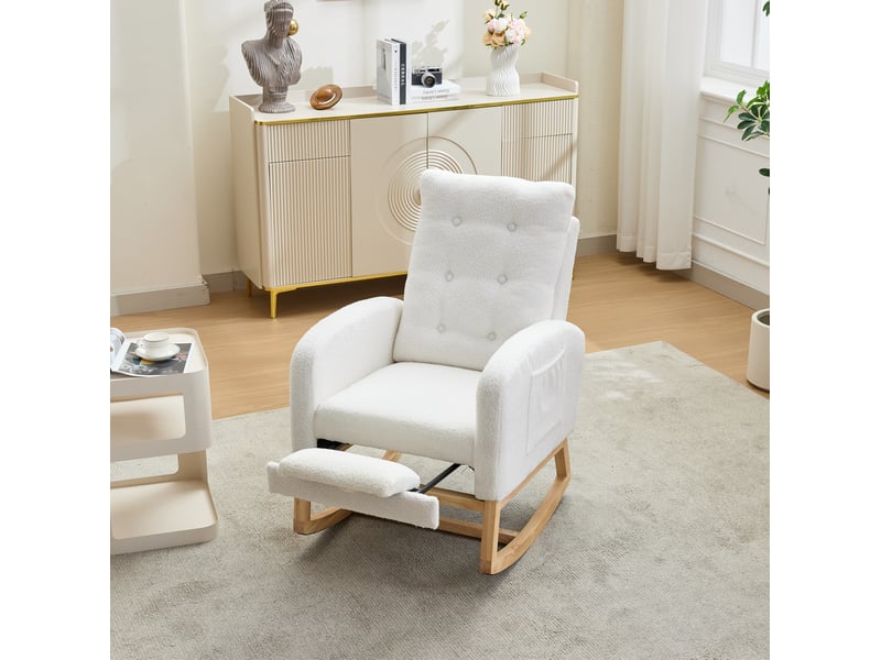 Fauteuil à bascule avec repose-pieds coulissant, ports usb et usb-c, poches latérales en bouclé blanc - Conforama B