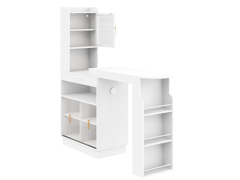 Desserte de cuisine extensible avec 3 portes, étagères réglables, led et prises, blanche, 131–170 × 40 × 170 cm - Conforama E